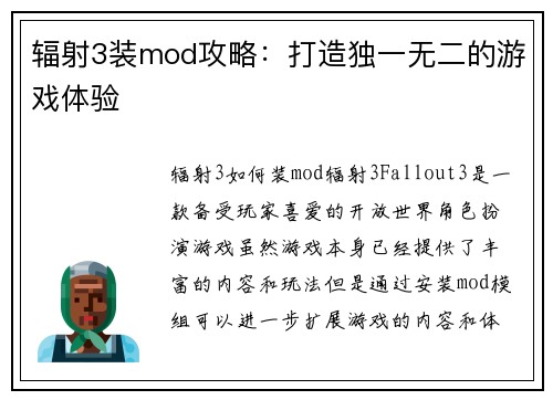 辐射3装mod攻略：打造独一无二的游戏体验